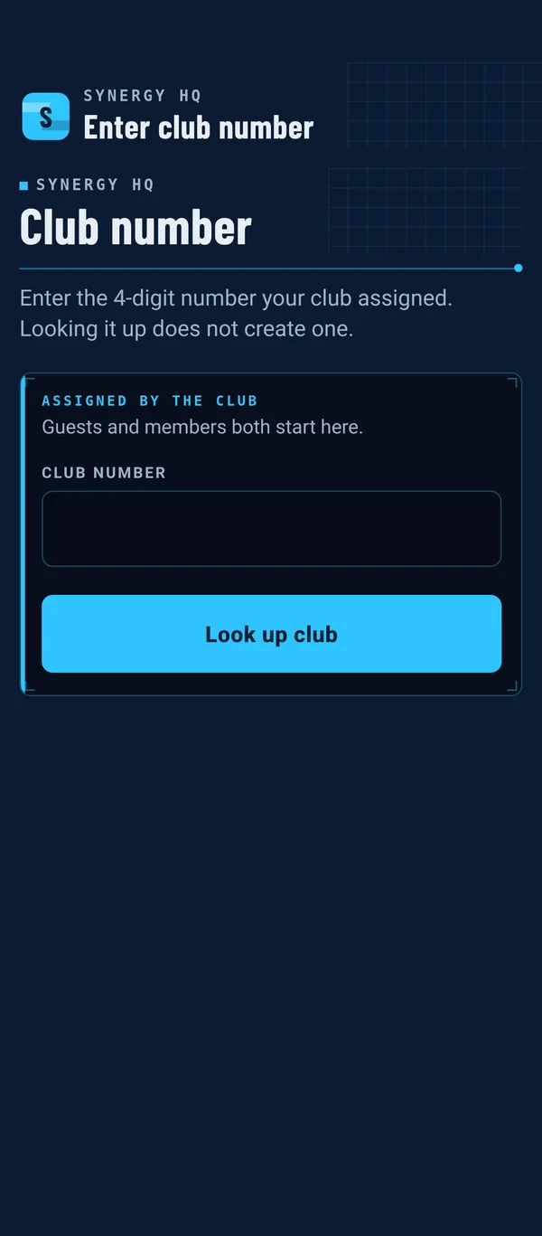 Club number entry screen in Synergy HQ