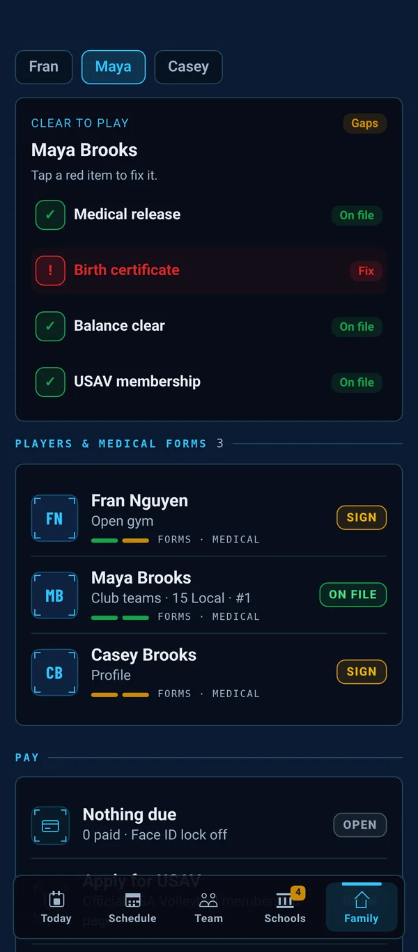 Family tab with Clear to Play, players and medical forms, and the Pay row