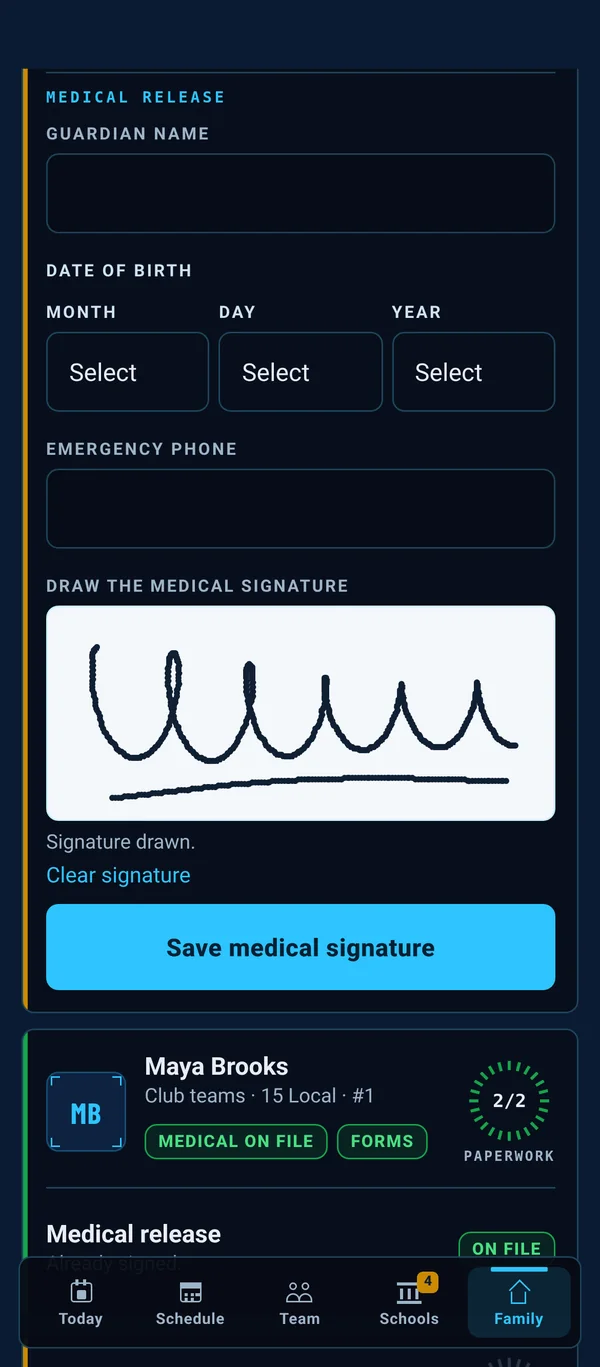 Medical release signature drawn on the phone, and a second player already on file