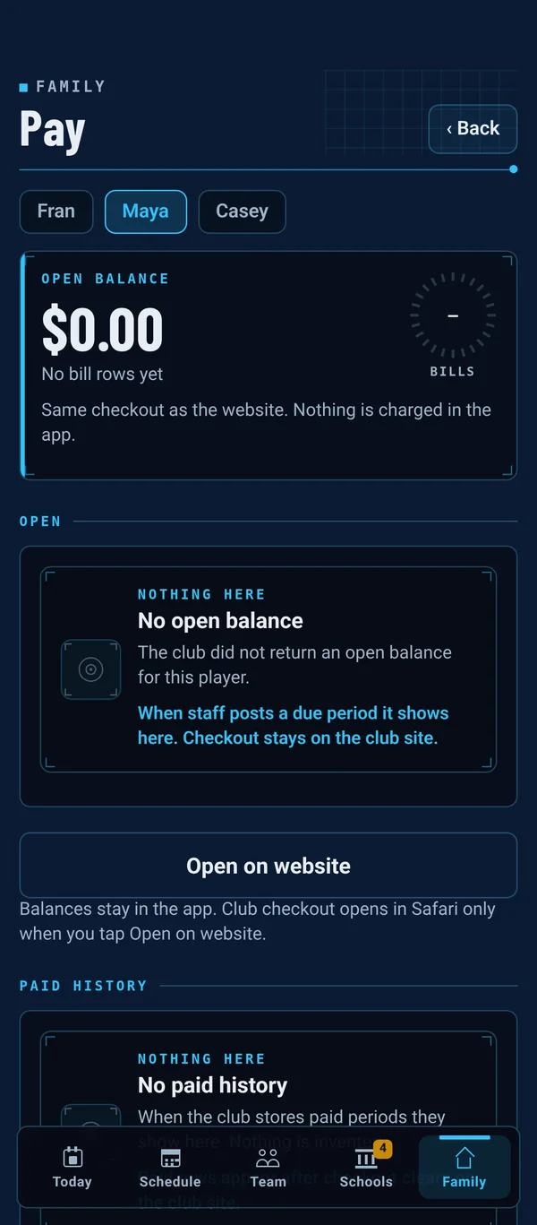 Pay screen with open balance and paid history