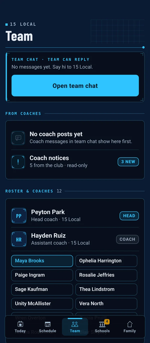 Synergy HQ Team tab with team chat up front and the roster